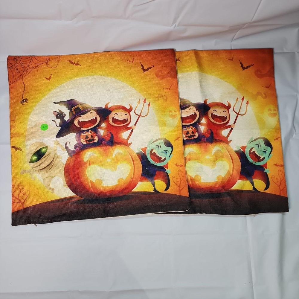 Set of 2 Halloween Throw Pillow Covers Cute Cartoon Pumpkin Witch Devil Zippered